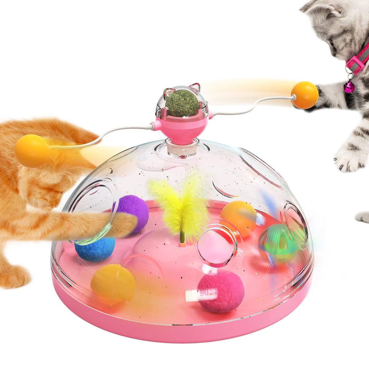 Cat Puzzle Toys Indoor for Kitten Interactive Games Spinning Track Balls & Feather Teaser Toy Stimulation Brain Treasure Chest