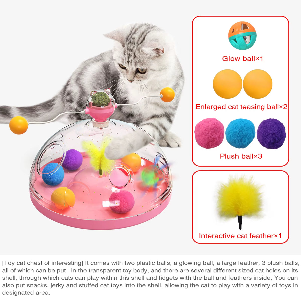 Cat Puzzle Toys Indoor for Kitten Interactive Games Spinning Track Balls & Feather Teaser Toy Stimulation Brain Treasure Chest